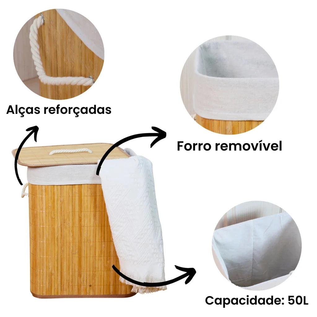Cesto de Roupa Suja Bambu com Tampa Premium