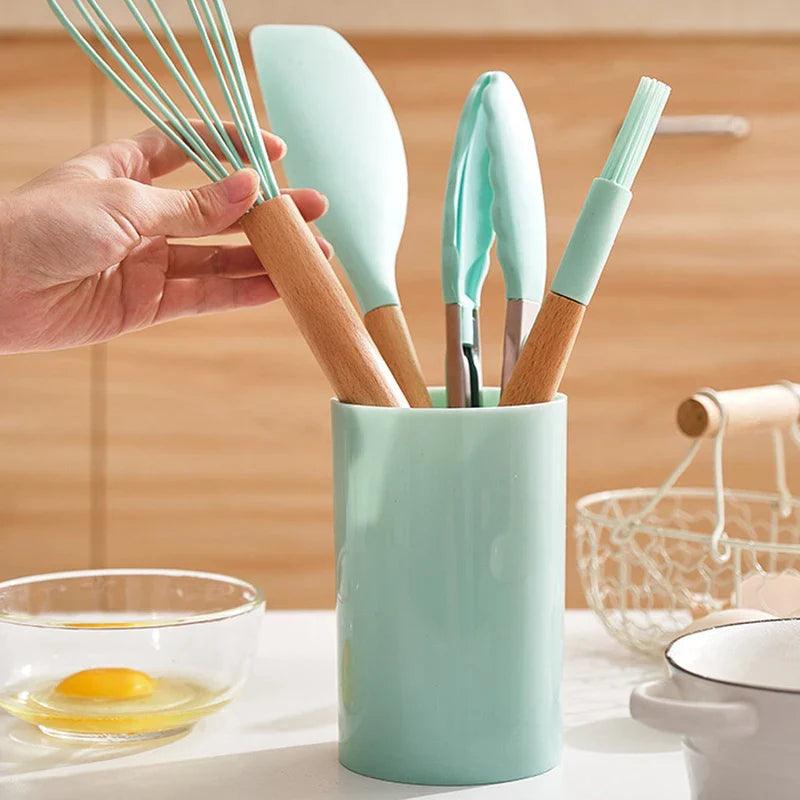 Conjunto de Utensílios de Cozinha - Silicone - Madeira - 12 Peças