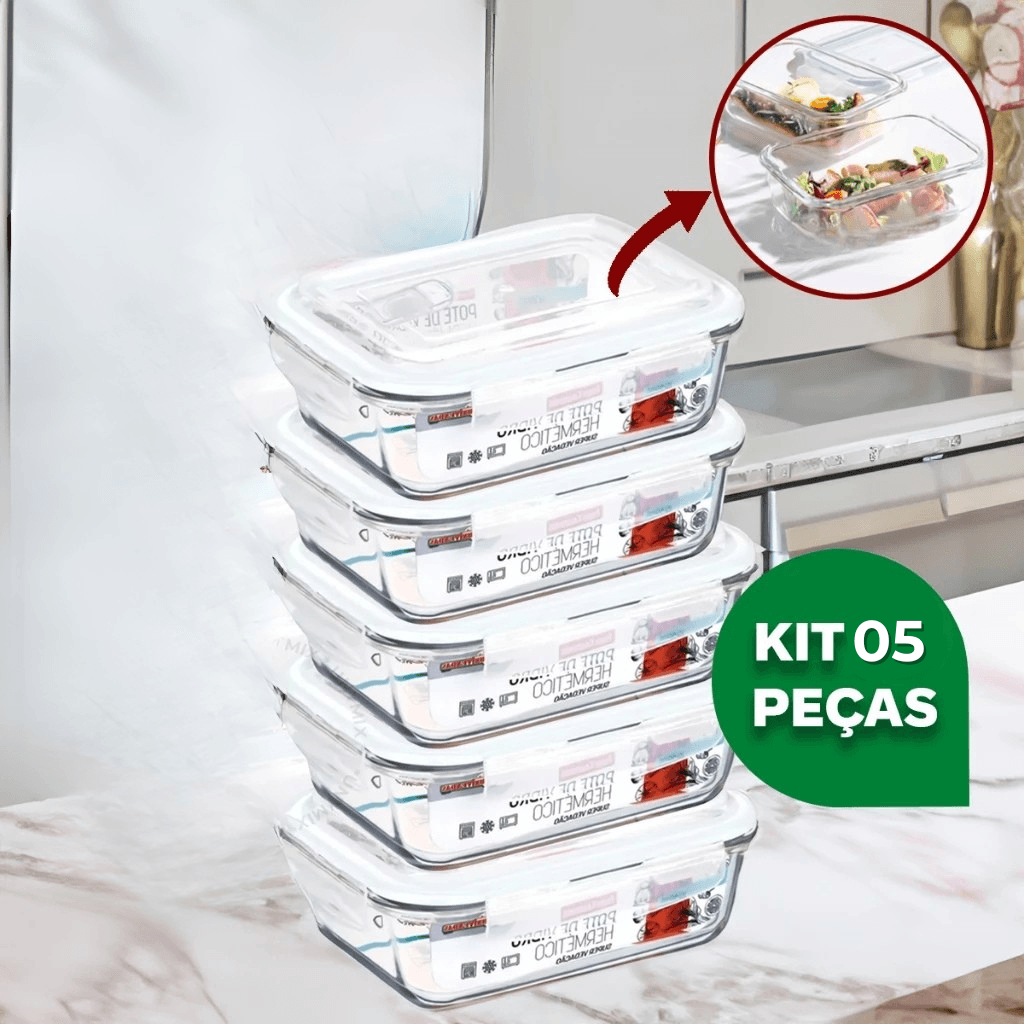 Kit Potes de Vidro Hermético Retangular 5 ou 10 Unidades